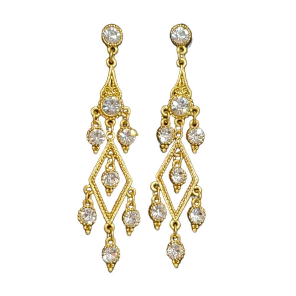 Dangle Chandelier Gold Tone Clear Crystal 3" Statement Earrings Bridal Jewelry